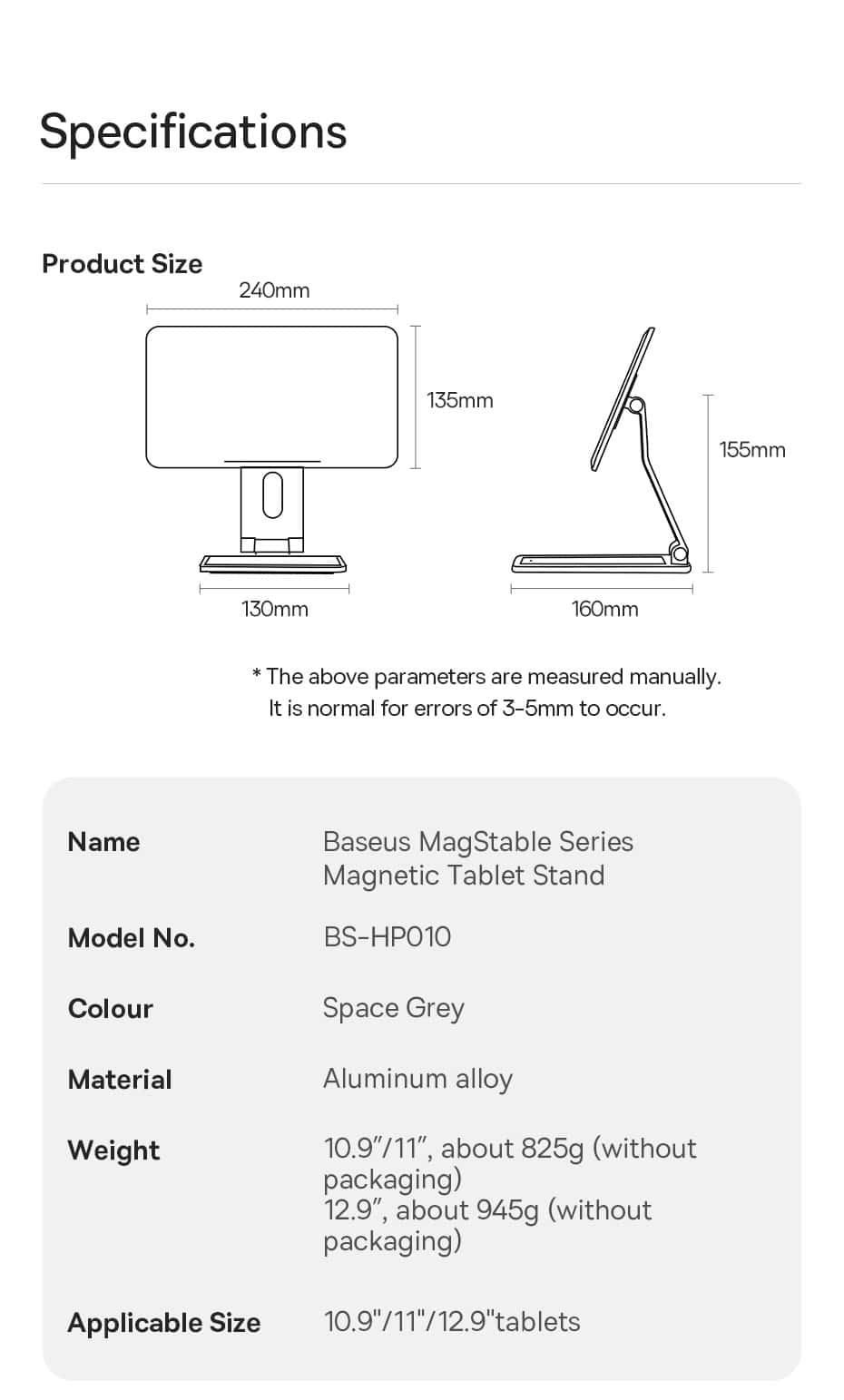 Giá đỡ nam châm Baseus Magnetic Attraction Stand cho Máy Tính Bảng 10.9'' / 11'' (Giá Đỡ Bằng Hợp Kim Nhôm)