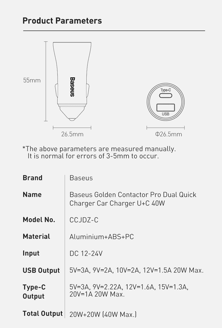 Bộ tẩu sạc nhanh, công suất 40W dùng cho xe hơi Baseus Golden Contactor Pro (40W, Dual USB/ U+C Port, Aluminium,PD20W/QC3.0 Car Quick Charger)
