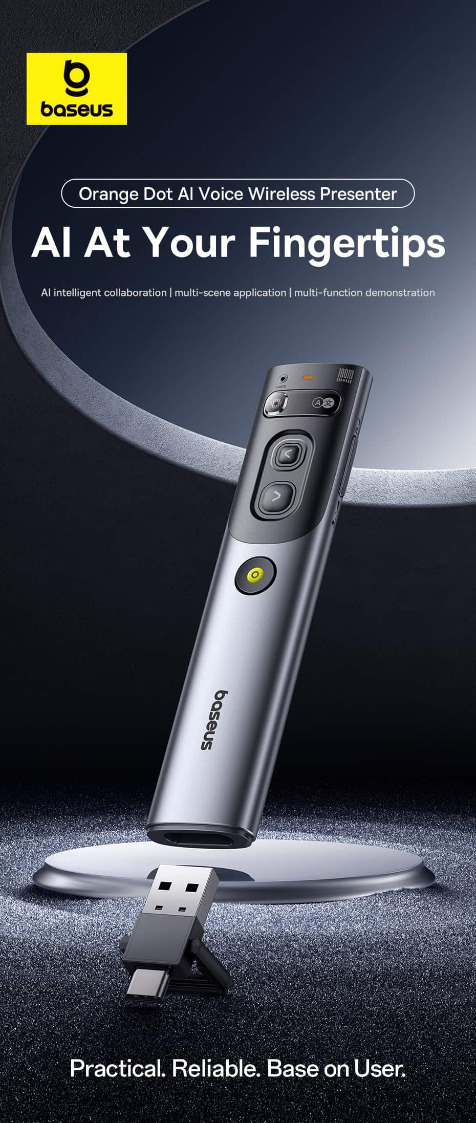 Bút trình chiếu thông minh Baseus Orange Dot AI Voice Wireless Presenter ( Laser đỏ)